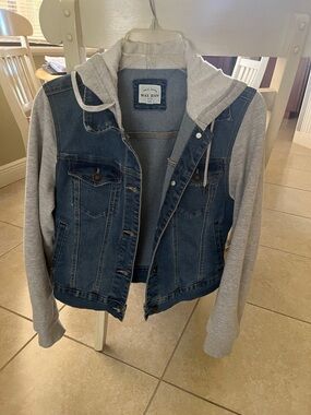 Wax Jean Blue Denim Jacket within Light Grey Hoodie Sleeves, large
